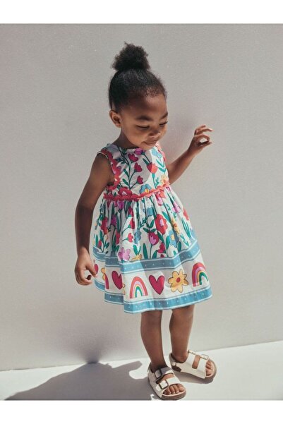 Next Baby Cotton Cream Green Floral Pattern Short-Sleeved Dress