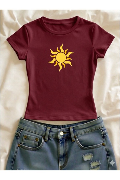 Vordevia Sun Printed Lycra Slim Fit Short Sleeve Crew Neck Tee Crop