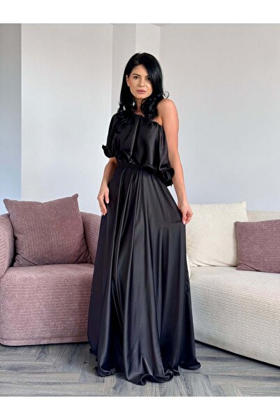 RAMONA BADESCU EXCLUSIVE RB Αποκλειστικό Κομψό Μακρύ Σατέν Φόρεμα με Βολάν κα...