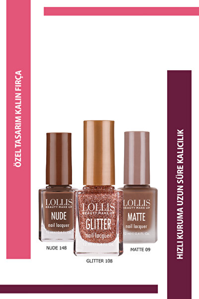Lollis Oje Seti 3'lü Nude 148 / Glitter 108 / Mat 09 / Nail Lacquer Set Nude ...