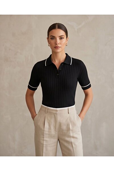 Trend Kapında Summer Polo Neck Short Sleeve Women's Knitwear T-Shirt