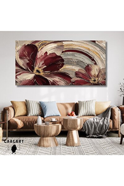 GAAGART Panoramik Kanvas Tablo Dijital Baskı Bordo Çiçek ve Fırça Darbeleri