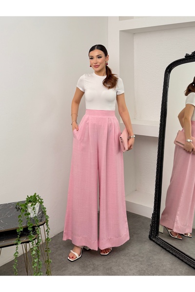 Hatun Atila Pleated Wide-Leg Linen Palazzo Trousers with Elastic Waist at the...