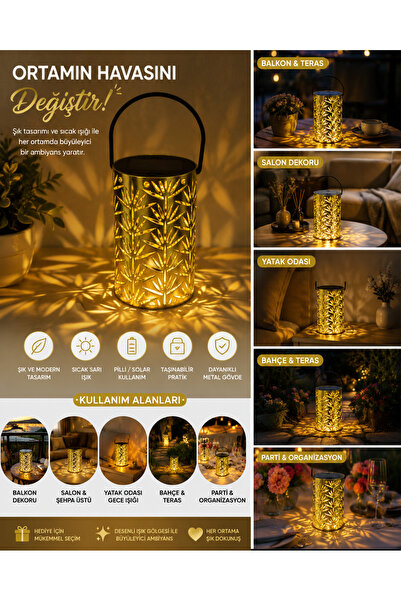 PARTİPORT Gold Dekoratif Led Mumluk Fener Balkon Bahçe Gece Lambası