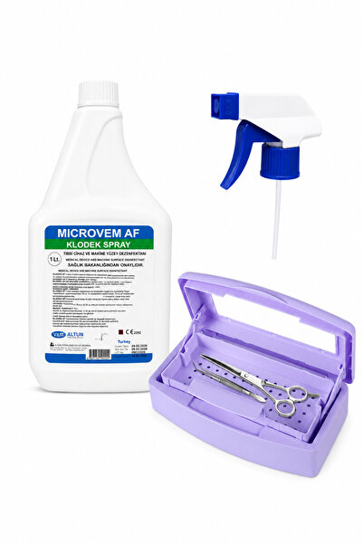 MICROVEM SPRAY DEZENFEKTAN SIVI 1 LT VE ÇİFT BÖLMELİ MOR STERİLİZASYON KUTU SETİ