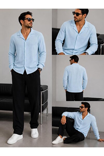 WENMİNG Bürümcük Crinkle Fabric Summer Lycra Men's Shirt and Pants Set