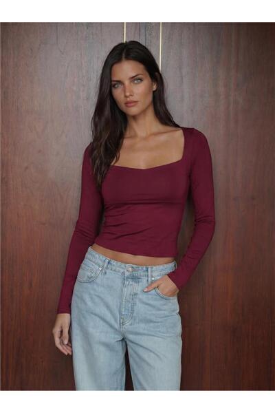 WeShaya Burgundy Polyester Square Neck Long Sleeve Bodycon Slim Fit Blouse