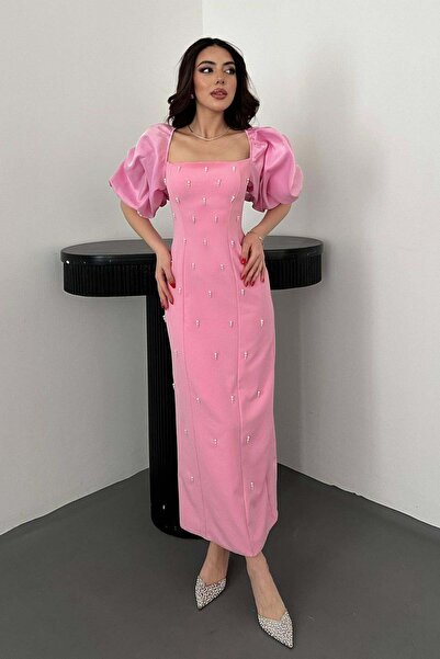Caddebostan Moda Pearl Embellished Balloon Sleeve Square Neck Midi Length Eve...