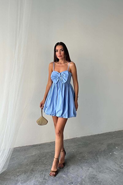 Caddebostan Moda Mini Dress with Bow on the Front and Thin Straps and Balloon...