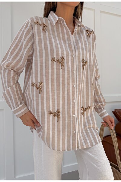 MİA NOURA Women's Striped Fabric Shirt with Hand-Applied Front Decoration