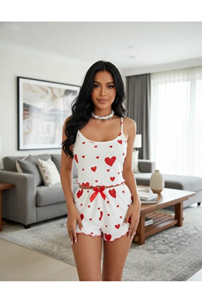 DYZSTAR Women's White Red Heart Patterned Thin Strap Shorts Elegant Pajama Se...