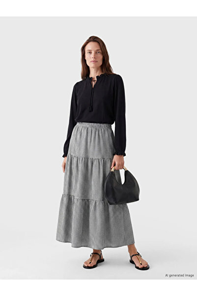 LC Waikiki Navy Blue Plaid Layered Skirt with Elastic Waist
