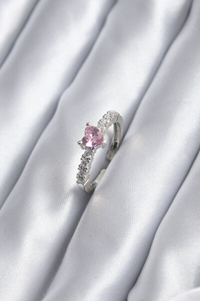 MEKs Silver Color Zircon Stone Pink Crystal Heart Model Women's Ring 5886 - H...