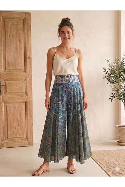 AYASOFYA OTANTIK Fusta pantalon din mătase cu model etnic autentic, cu talie ...