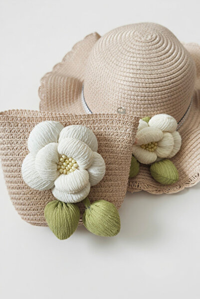 Mollycrush Trend Gift Powder Pink Floral Detailed Summer Straw Hat and Bag Se...