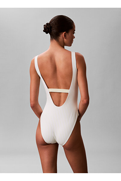 Calvin Klein Beyaz Kadın Standart Fit Çizgili Mayo SCOOP BACK ONE PIECE