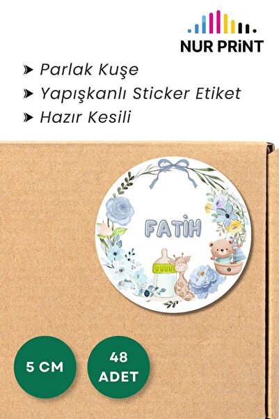 Nur Print Kişiye-İsme Özel Yuvarlak Erkek Bebek Etiketi, Yapışkanlı Parlak Ku...