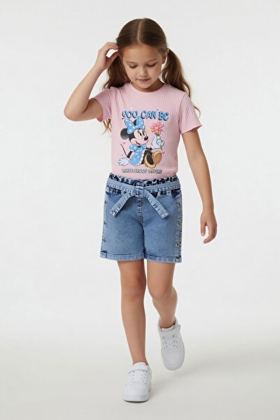 Cansın Mini Powder Character Printed T-Shirt and Jean Shorts Set for Girls 24114