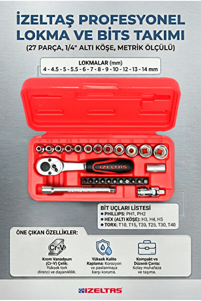 İzeltaş 1/4" 27 Parça Altı Köşe Bits ve Lokma Anahtar Takımı