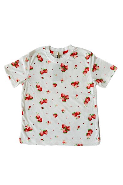 byalisdmr Girls' Short Sleeve Pajama Set 100% Cotton Single Jersey Fabric Strawberry Pattern Crew Neck
