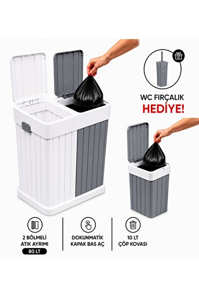 plastyol 2’li Twins Çöp Kovası Seti Gri & Beyaz - WC Fırçalık Hediyeli