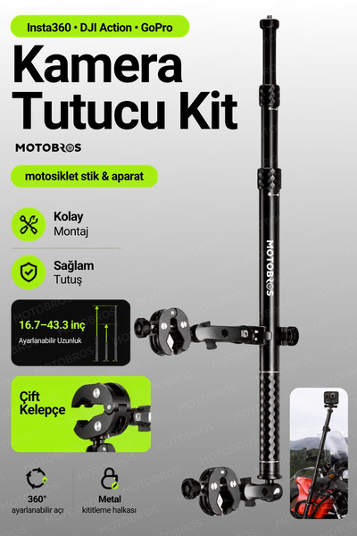 Motorcycle Camera Holder Stick Bracket Insta360 DJI Action GoPro Compatible Double Clamp Adjustable Camera Mount