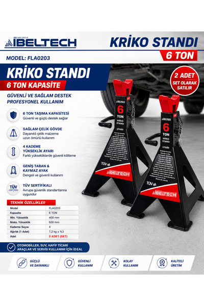 İBELTECH Profesyonel 6 Ton Kriko Stantı 2’li Araç Sehpası Set Halinde TÜV Ser...