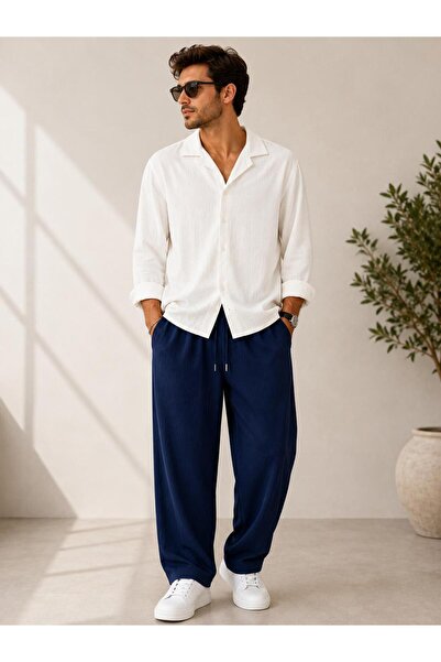 WENMİNG Bürümcük Crinkle Fabric Summer Lycra Men's Shirt and Pants Set