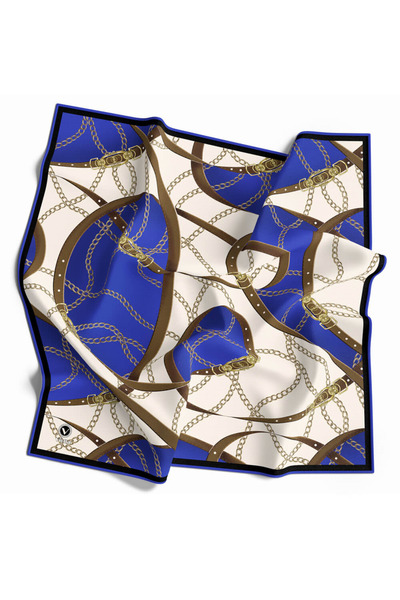 VİOLLA Twill Kemer ve Zincir Desenli Saks Renkli 90x90 Eşarp (İpek İçermez) K...