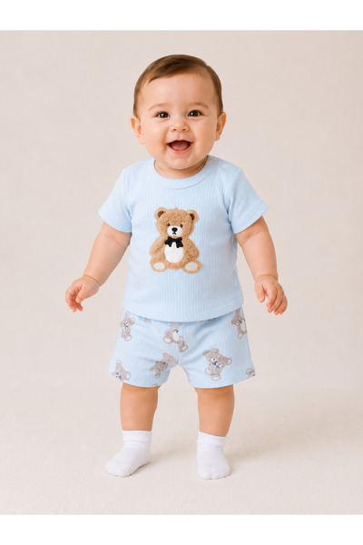 Aa Bebek Papyonlu Peluş Ayıcıklı Kısa Kollu Şortlu Erkek Bebek 2'li Takım
