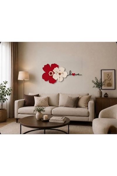 Runc Design Love Yazılı Çiçek Tasarımlı Ahşap Duvar Saati - Modern Salon Deko...