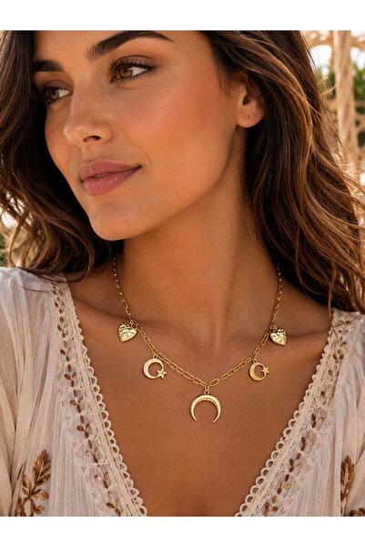 beyna aksesuar Gold Plated Moon Star Crescent and Heart Chain Necklace