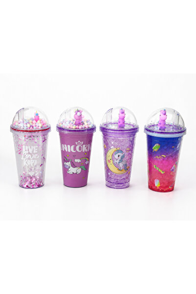 Aşkana Unicorn Temalı Pipetli Bardak 450 ML Pembe Renkli Çocuk Matara Şeffaf ...