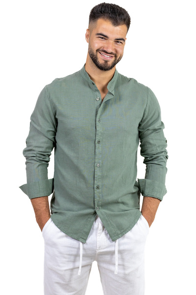MAXWEAR Cămașă verde din in 100% cu guler tunica