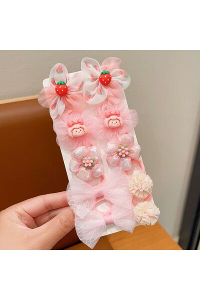 Rapunzel Accessories 10'lu Pembe Çiçek Fiyonk Desenli Çilek Detaylı Prenses T...