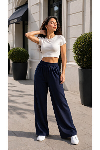 LY LEYO TEKSTİL Women's Wide-Legged Pants with Elastic Waist and Without Pockets