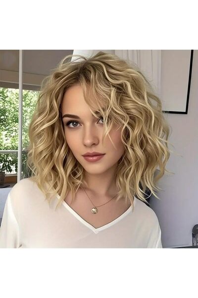 OEM Perucă bob sintetică cu dantelă frontală, blond miere, 35 cm, pentru feme...