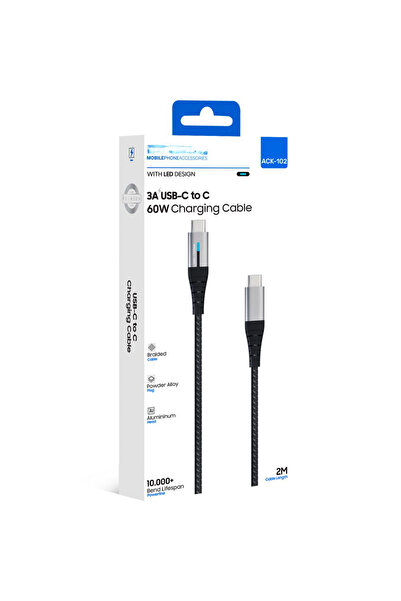 HİBOTEKNO 2M LED Göstergeli 60W USB-C to USB-C Örgü Şarj ve Veri Kablosu (3A)