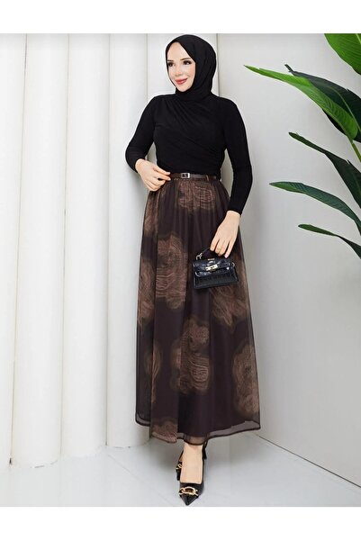 MODA VEDAT Women's Tulle Digital Print Detailed Belted Skirt -0350