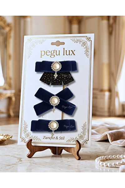 pegu baby collection Set de 3 agrafe de păr din catifea bleumarin, cu panglic...