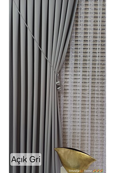 venedik home Cortina de fundal din in Milas de culoare gri deschis 1x3 cu pli...