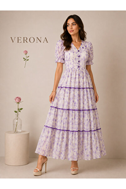 Verona Long Layered Floral Dress in Lilac Color