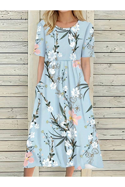 Wear Up فستان نسائي قصير الأكمام بطبعة زهور متوسط الطول من الجيرسيه