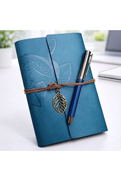 Skygo Leaf patterned leather notebook and navy blue metal rollerball pen set