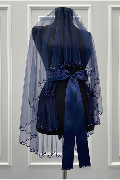 ZEYMERADE Navy Blue Bridal Veil Set, Sparkling Crystal Stone Decorated, Henna...