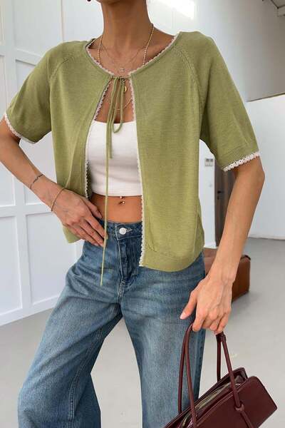 mylove Lace Ribbon Short Sleeve Knitwear Cardigan Green