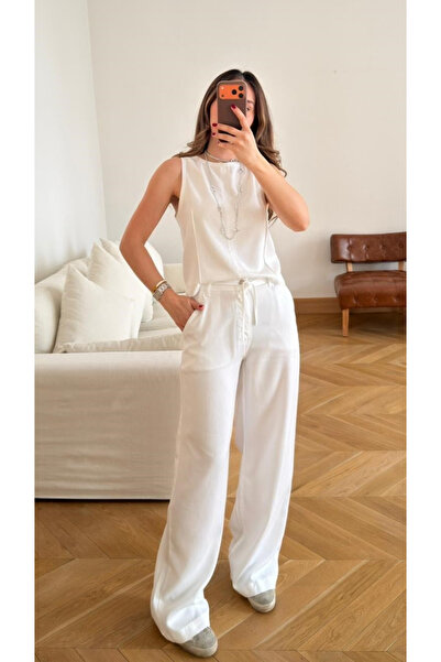 My Blog White Crop Tank Top Palazzo Pants Set - 55-0001