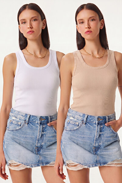 Lovelyİstanbul 2-Piece Ribbed Thick Strap Knitted Undershirt Lhj0002 Cream White