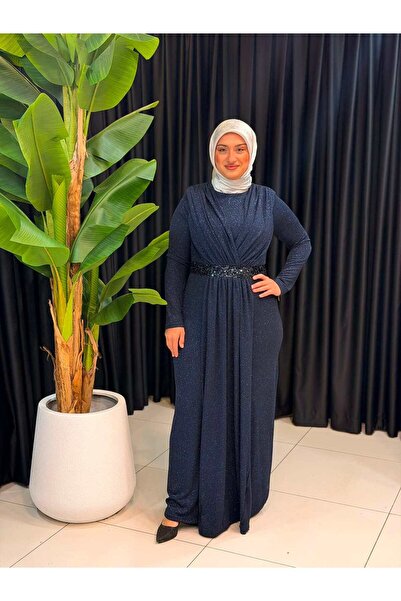 Butik büyük beden Evening Dress with Stones on the Waist