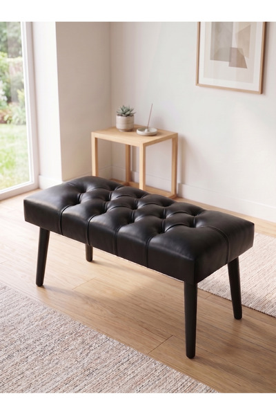 Azra Aksesuar Modern Kapitoneli Siyah Deri Kumaş Bench Puf Oturma Bankı Ahşap...